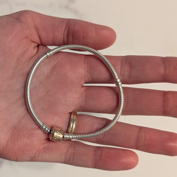 Like New Genuine Pandora Bracelet - Silver chain w/ gold clasp - Picture 2 of 3